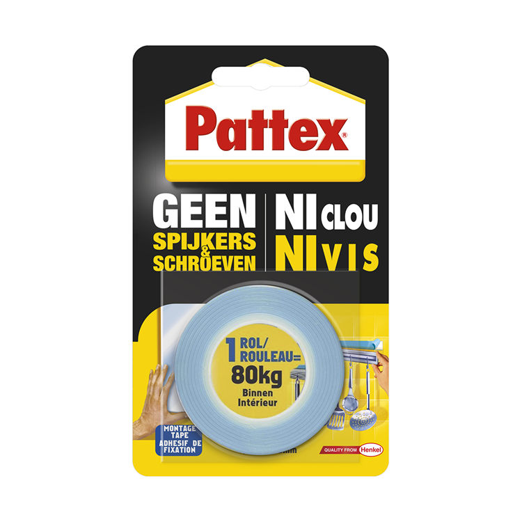 Pattex montagetape dubbelzijdig 80kg | voor binnen gebruik| 1.5m dubbel montage tape | dubbelzijdige plak-tape.