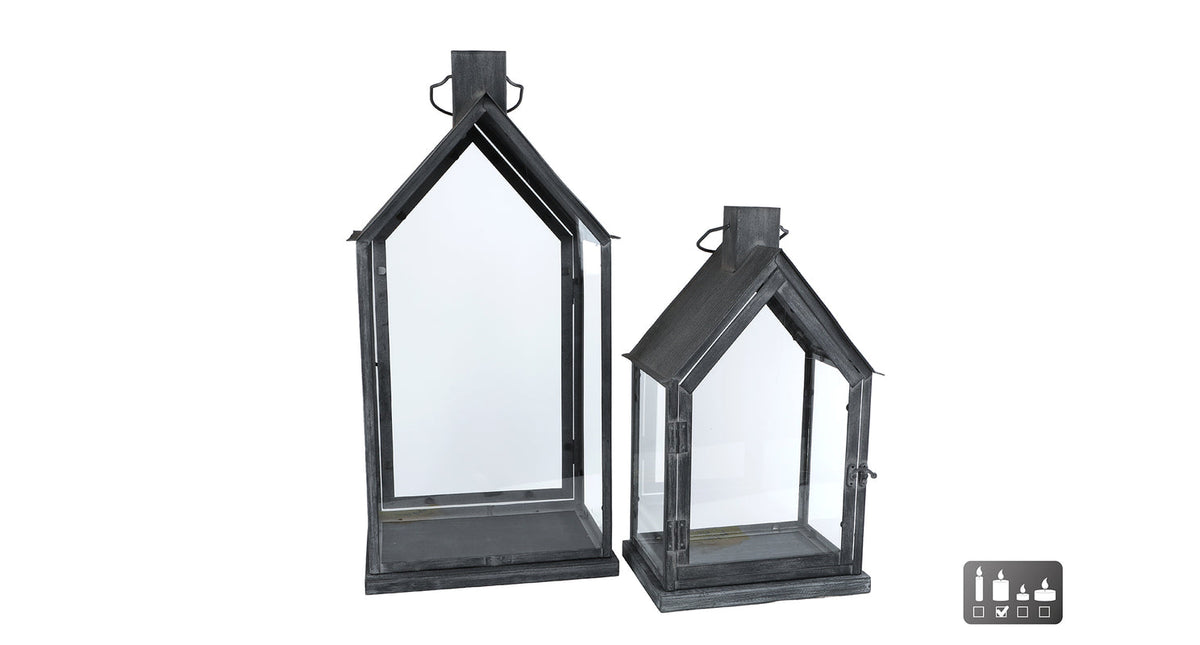 Windlicht house ant. zwart set 2 glas metaal 31x22x62 25x18x4