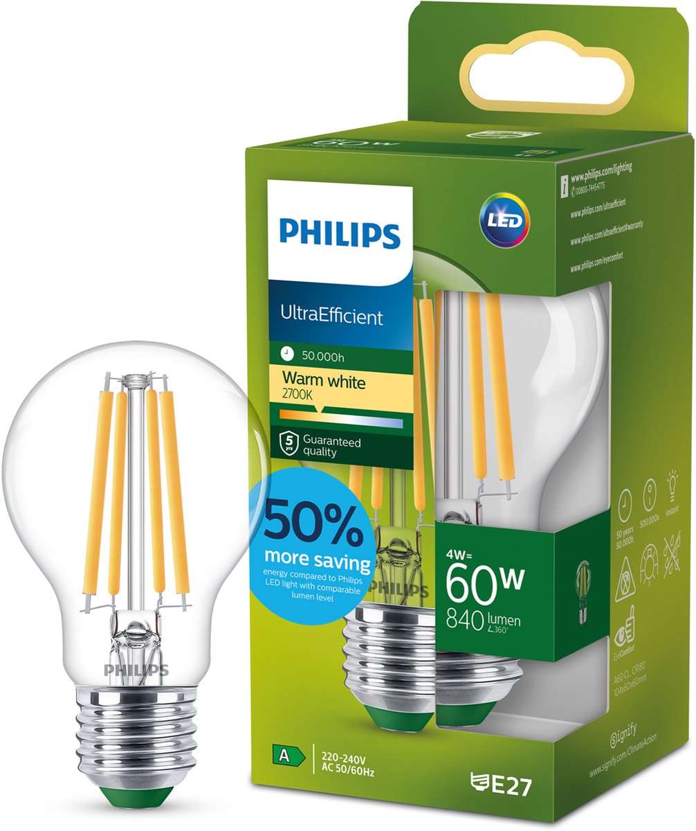 Philips led philips ultra efficient led lamp transparant - 60 w - e27 - warmwit licht