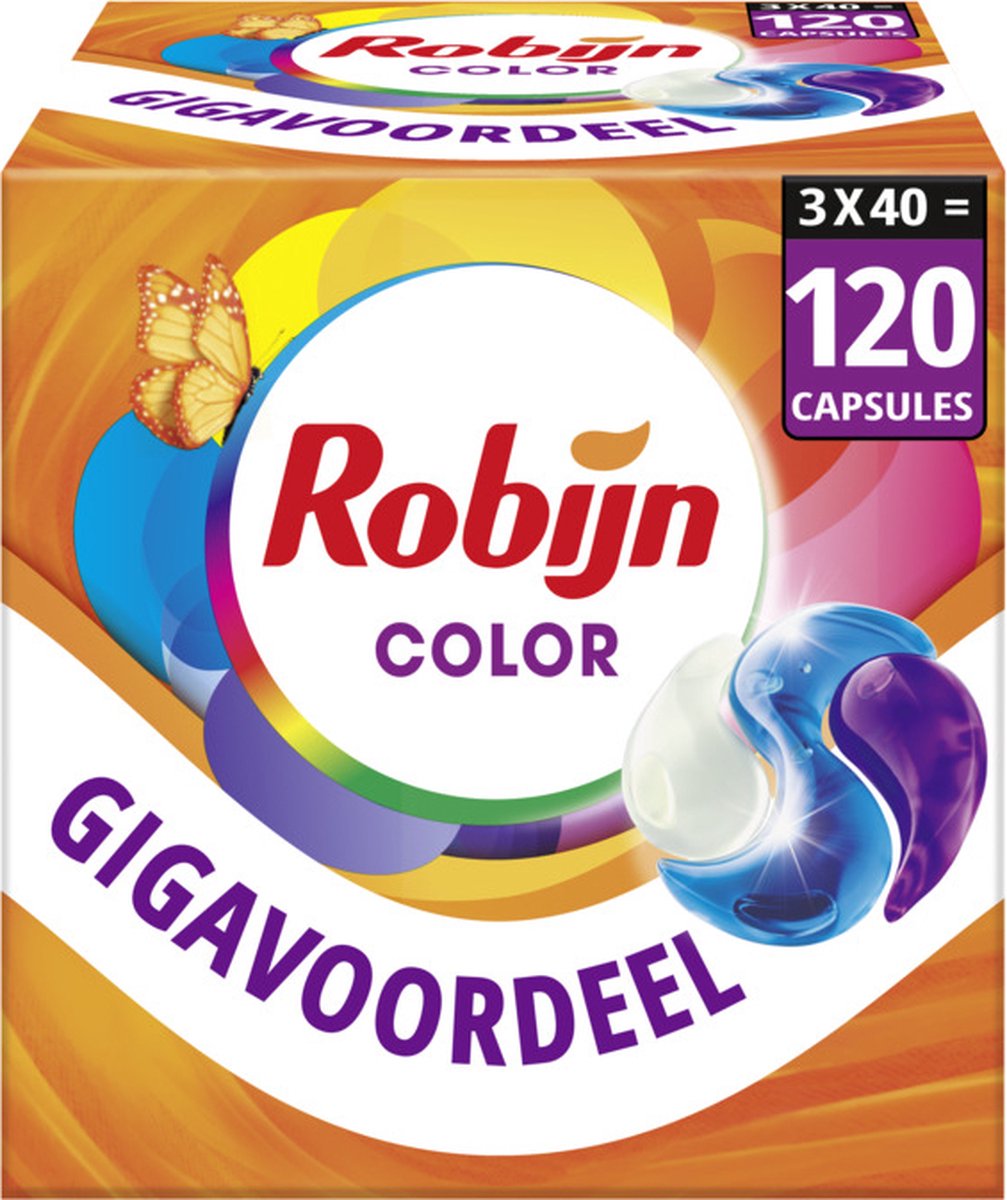 Robijn wasmiddel - 3-in-1 wascapsules - color - 3 x 40 stuks - 120 wasbeurten - voordeelverpakking