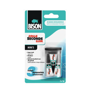 Bison secondelijm vloeibaar mini's 3 x 1g, sterke secondelijm, speciale min verpakking, vaatwasser bestendig, water resistent, voor iedere reparatie in en om het huis