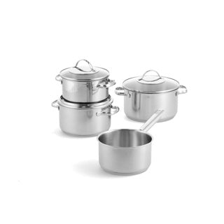 Bk essentials pannenset 4-delig - 16 18 20cm -zonder pfas-vrije antikleeflaag - pannenset inductie - inductie kookpan - rvs pannenset - ovenbestendig tot 230°c - met glazen deksel - zilver
