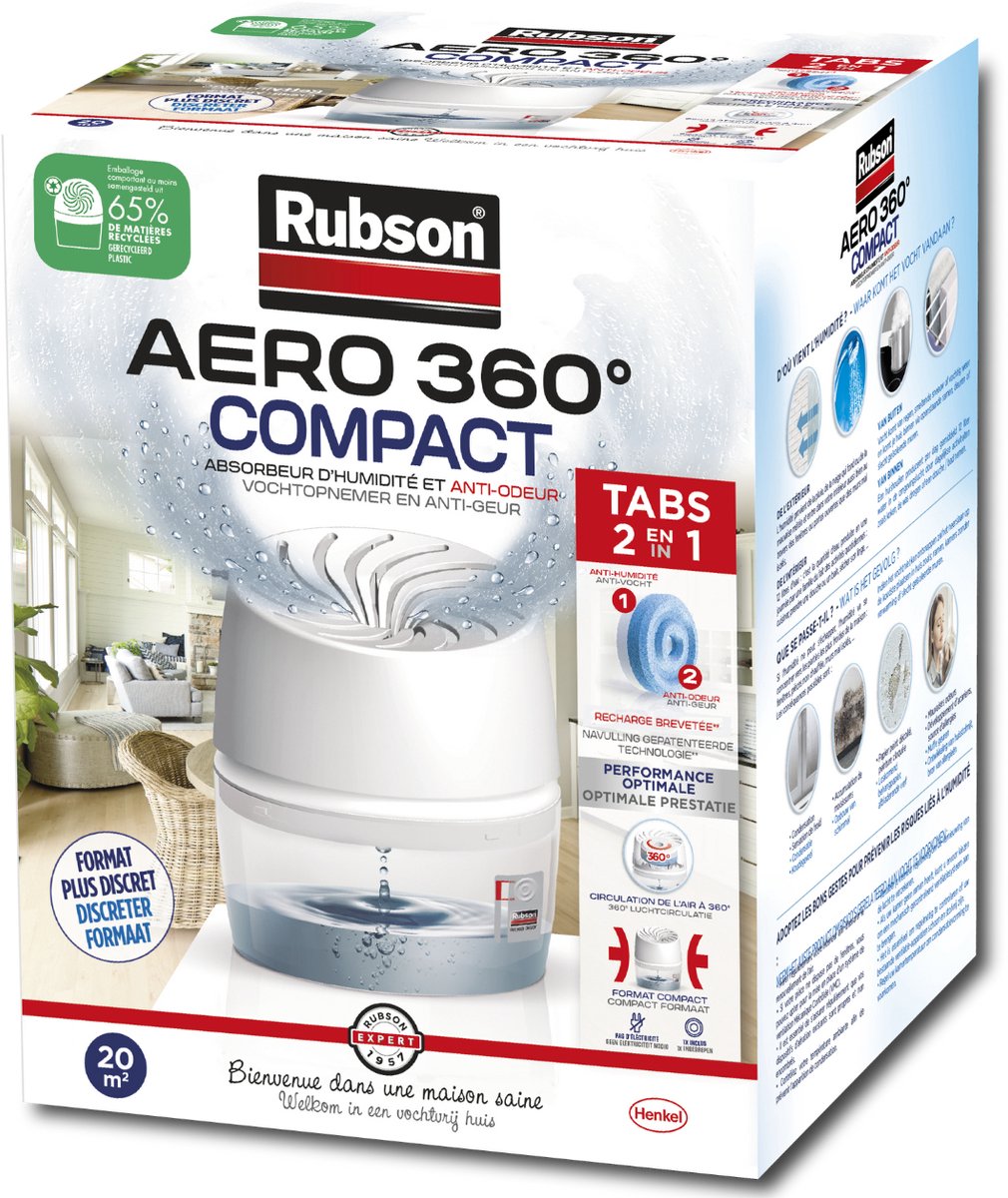 Rubson vochtopnemer aero360 compact 450g box | vochtvangende luchtontvochtiger toestel | ontvochter | vochtopnemer binnenhuis.
