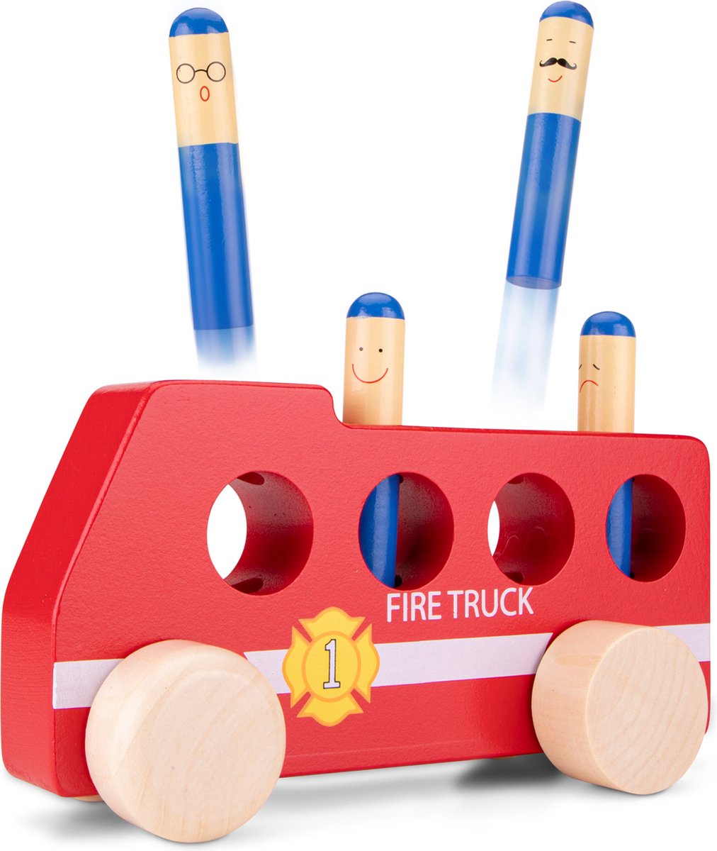 Woet ® houten pop up brandweerauto - rode brandweerwagen met brandweermannen - fsc speelgoedvoertuig - actiespel - educatief speelgoed - vanaf 2 jaar