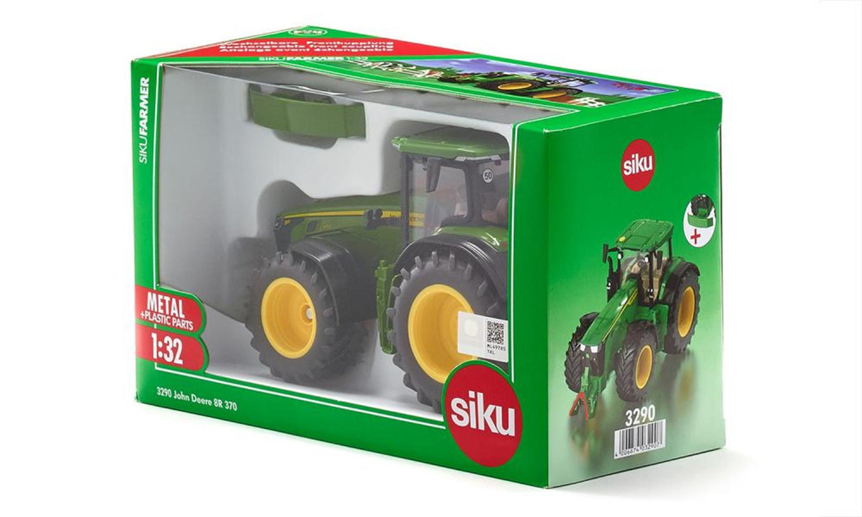Siku 3290, john deere 8r 370, 1:32, metaal kunststof, groen, incl. contragewicht, motorkap kan open