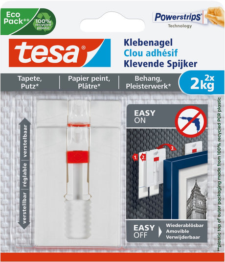 Tesa verstelbare nagel voor behang pleisterwerk 2 kg - 2 stuks - muurspijker - verwijderbaar