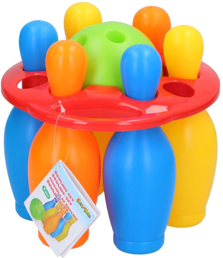Eddy toys bowling set 19,5 cm - bowling set voor kinderen binnen en buiten - kegelspel met 6 kegels en 1 bal - speelgoedset met draagrek - kunststof - kleurrijk