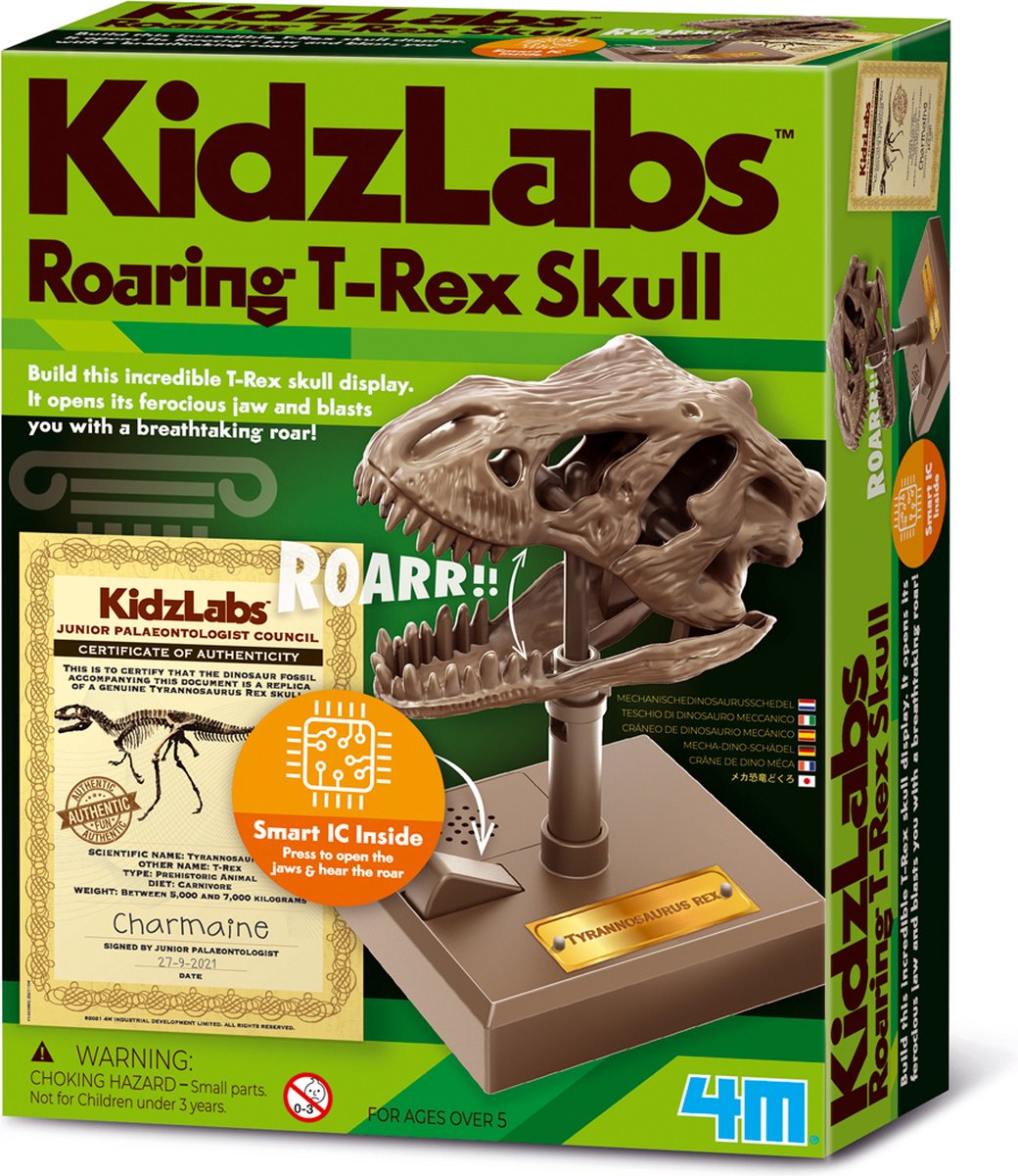 4m wetenschap en spel - maak een brullende t-rex schedel - bouwpakket dino - kidzrobotix - 5 jaar