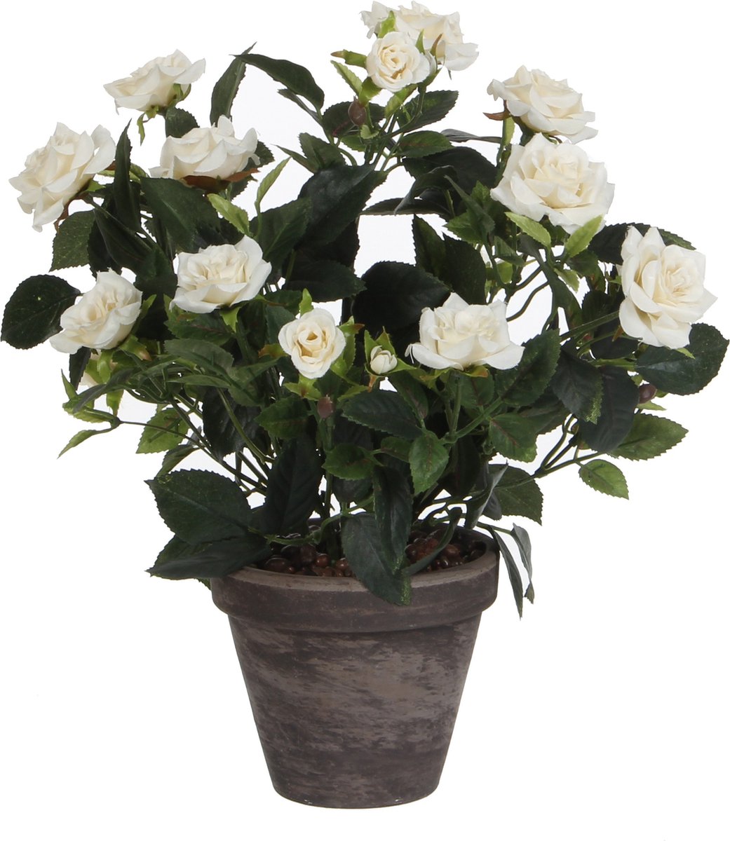Mica decorations kunstplant - rozen - wit - in grijze pot - 33 cm