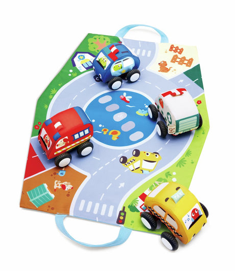 Hape pull-back plüschauto set – 4 zachte voertuigen met dierenfiguren, speelmat en opbergtas, vanaf 6 maanden