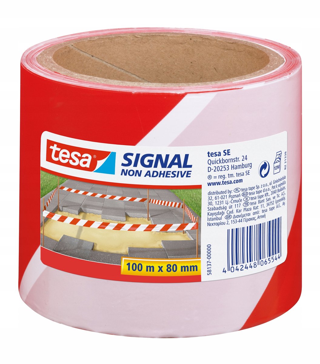 Tesa 1x afzetlint markeerlint rood wit 8 cm x 100 mtr - klus bouwbenodigdheden - afzetlinten markeerlinten - gevarenzone linten - weg parkeerplaats afzetten met lint