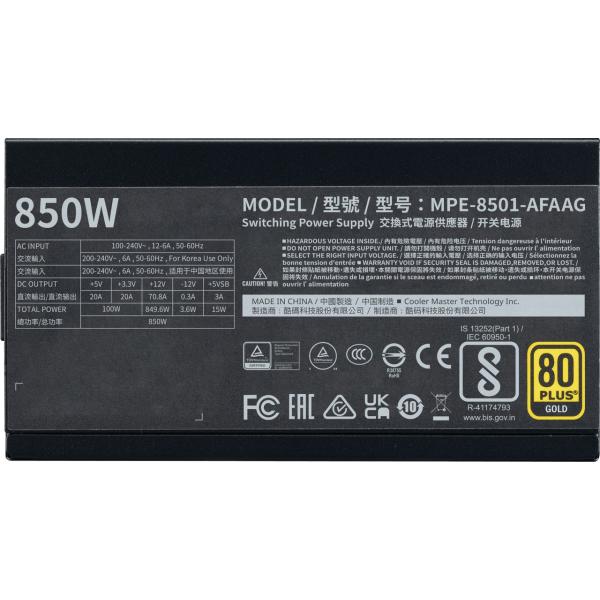 Cooler master mpe-8501-afaag-3eeu mwe gold 850 v2 atx3.1 black, 850w, 90% @typ, 120mm, 4x pcie 6+2
