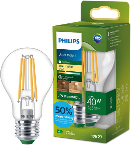 Philips led philips ultraefficient led lamp - 40w - e27 fitting - warmwit licht: 2700k - dimbaar - helder glas - a60 lampvorm - lange levensduur