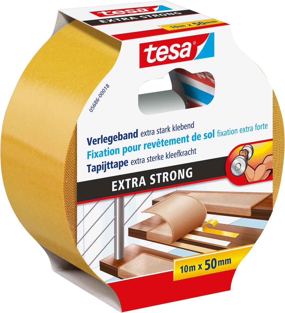 Tesa legtape extra sterk klevend - dubbelzijdig plakband voor het leggen van tapijt en pvc-bekleding - dubbelzijdig klevend - 10 m x 50 mm