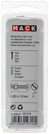 Mack 1017514 - metaalschroef cyl. kop + moer verz. 30 st m3 x 10 mm | 10 stuks
