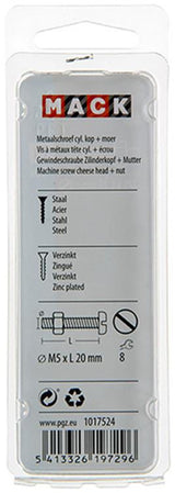 Mack 1017524 - metaalschroef cyl. kop + moer verz. 15 st m5 x 20 mm | 10 stuks