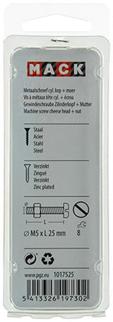 Mack 1017525 - metaalschroef cyl. kop + moer verz. 14 st m5 x 25 mm | 10 stuks
