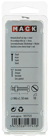 Mack 1017535 - metaalschroef cyl. kop + moer verz. 5 st m6 x 50 mm | 10 stuks