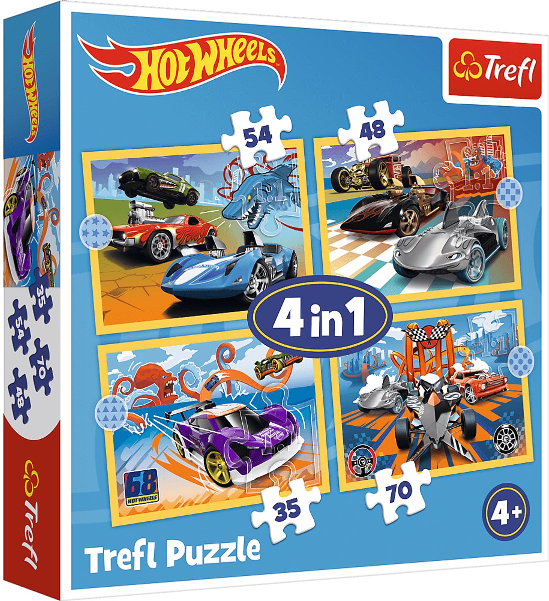 Trefl puzzel hot wheels voertuigen - 4in1 kartonnen speelgoed.