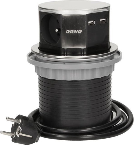 Orno pop-up stekkerdoos - verdeelstekker 3 -voudig - stekkerblok met twee usb-a laadpunten - rvs inox