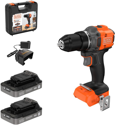 Black+decker 18v brushless schroefboormachine in koffer (met 2x2.5ah accu en lader) - bld782e2k-qw
