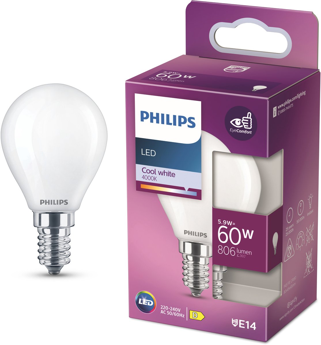 Philips led kogellamp mat - 60 w - e14 - koelwit licht