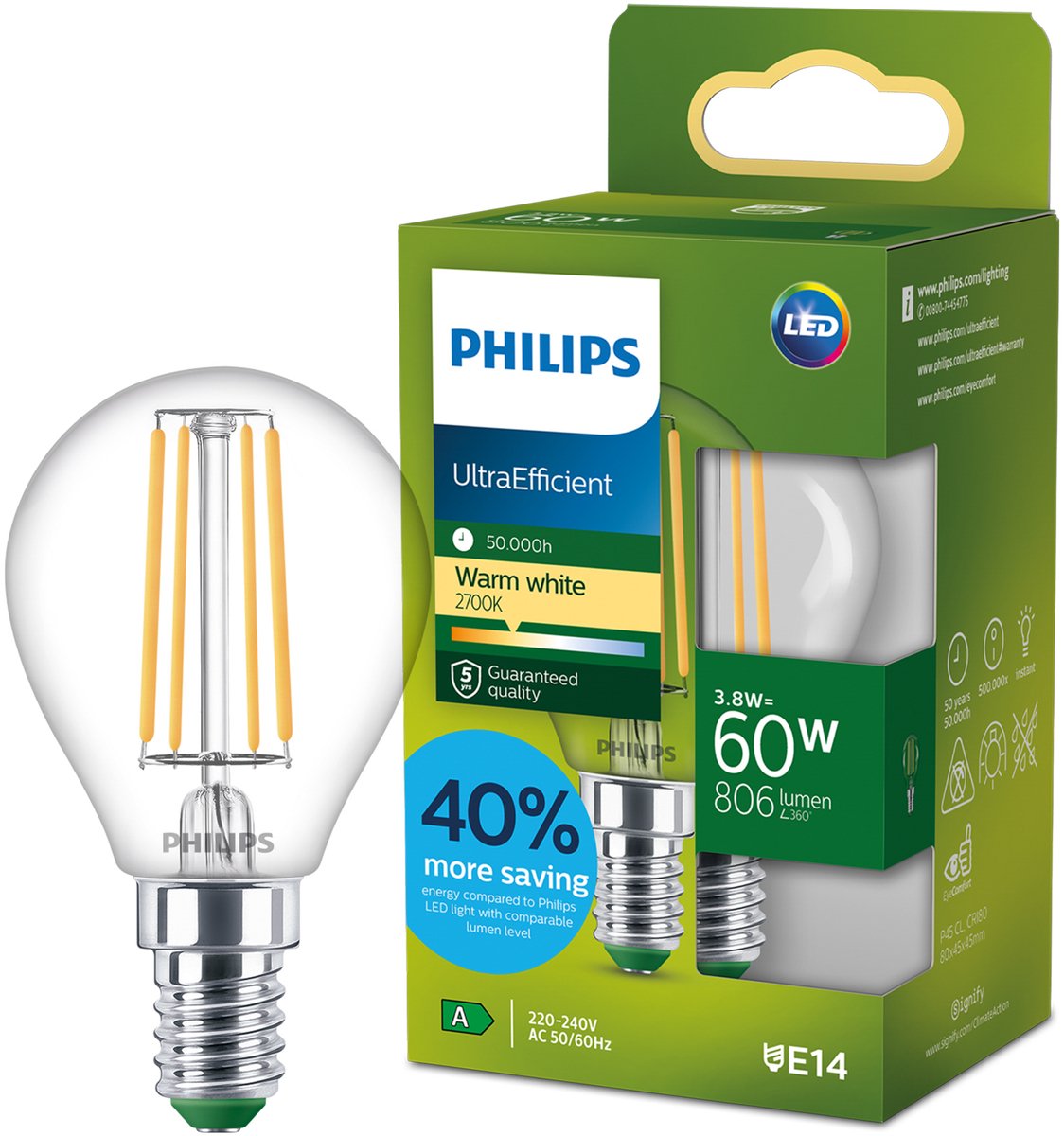 Philips led philips ultraefficient led lamp - 60w - e27 fitting - warmwit licht: 2700k - helder glas - p45 kogellamp - lange levensduur