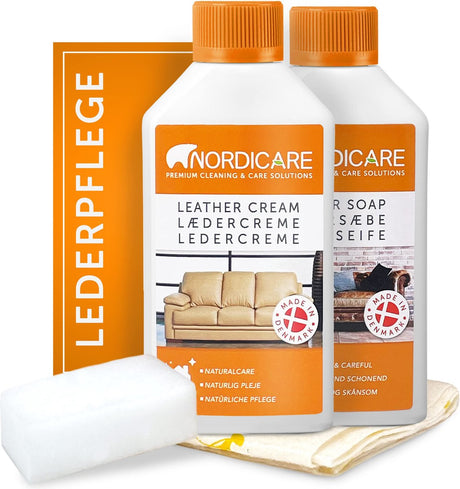 Nordicare leerverzorgingsset (250 ml) voor auto, bank en meubels, leer reiniger voor leerverzorging, leerverzorgingsset, leerreiniging, leerverzorging bankstel, leer reiniger, leer verzorging auto