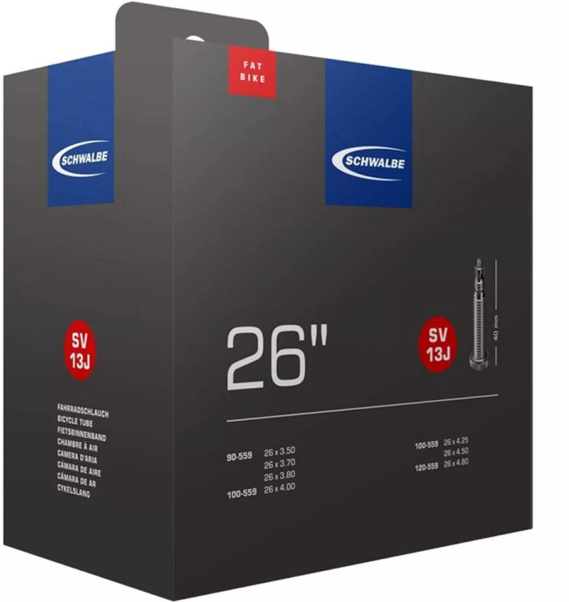 Schwalbe Binnenband SV13J, Fatbike 26 x 3.50-4.80. ETRTO 90 120-559, Ventiel: Sclaverand frans 40mm