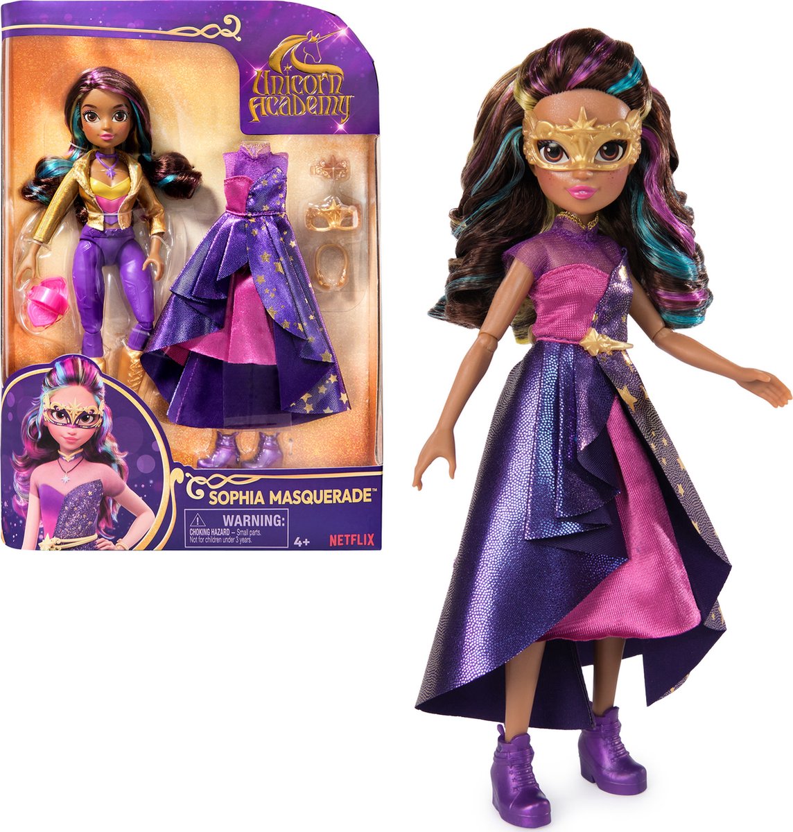 Unicorn academy - pop sophia - gemaskerd bal - met 9 poppenaccessoires en regenbooghaar
