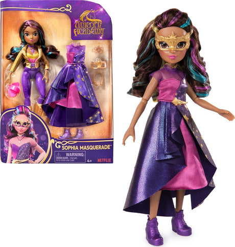 Unicorn academy - pop sophia - gemaskerd bal - met 9 poppenaccessoires en regenbooghaar