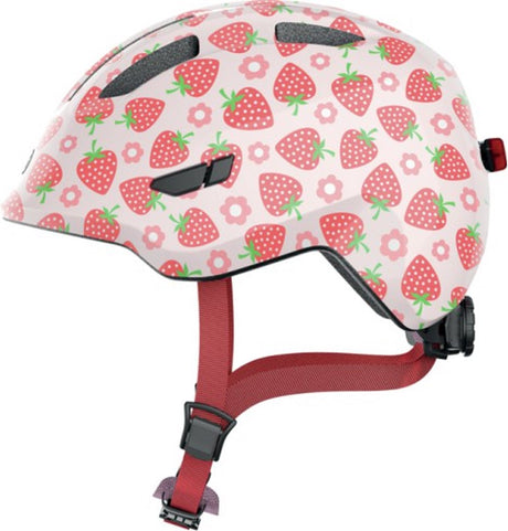 Abus kinderhelm smiley 3.0 led - fietshelm met licht - diepe pasvorm ruimte voor een vlecht - voor meisjes en jongens - roze met aardbeienpatroon, maat s