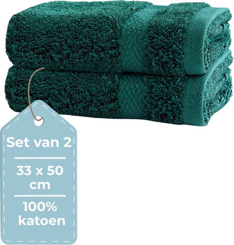 Hush. living hush living gastendoek - handdoek - set van 2 - 33×50 cm - 100% katoen - zware kwaliteit 500g m2 - stijlvol boord en ophanglus - donkergroen