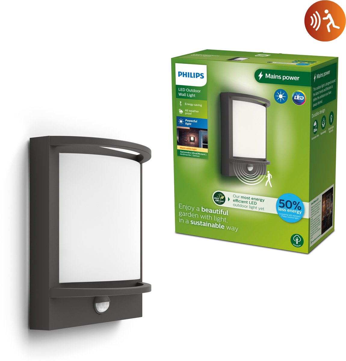 Philips led philips samondra wandlamp - ultra efficient - antraciet - met sensor - 3,8w