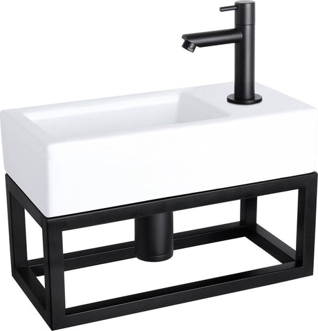 Differnz ravo fonteinset - 38.5x18.5x25cm - rechthoek - 1 kraangat - recht matte zwarte kraan - met zwart frame - keramiek wit