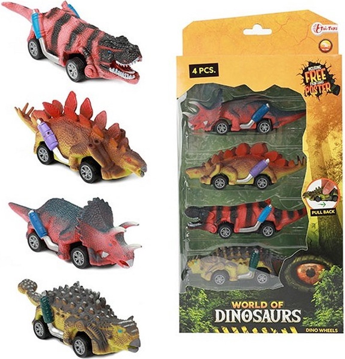 Toi-toys world of dinosaurs dino pullback auto, 4st.