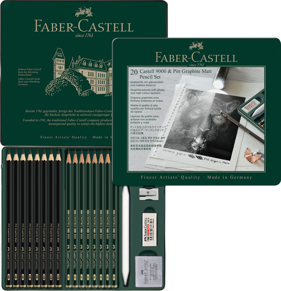 Faber-castell grafietpotloden - pitt mat en 9000 serie in blik - inclusief toebehoren - fc-115224