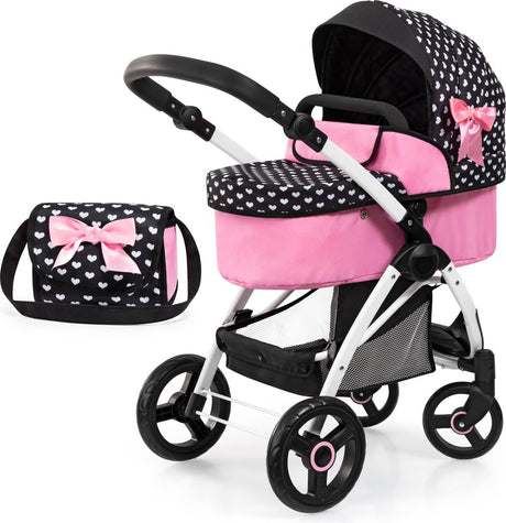 Bayer design poppenwagen city max met tas, in hoogte verstelbaar, zwenkwielen voor, omvormbaar tot buggy, geïntegreerde mand in zwart wit roze