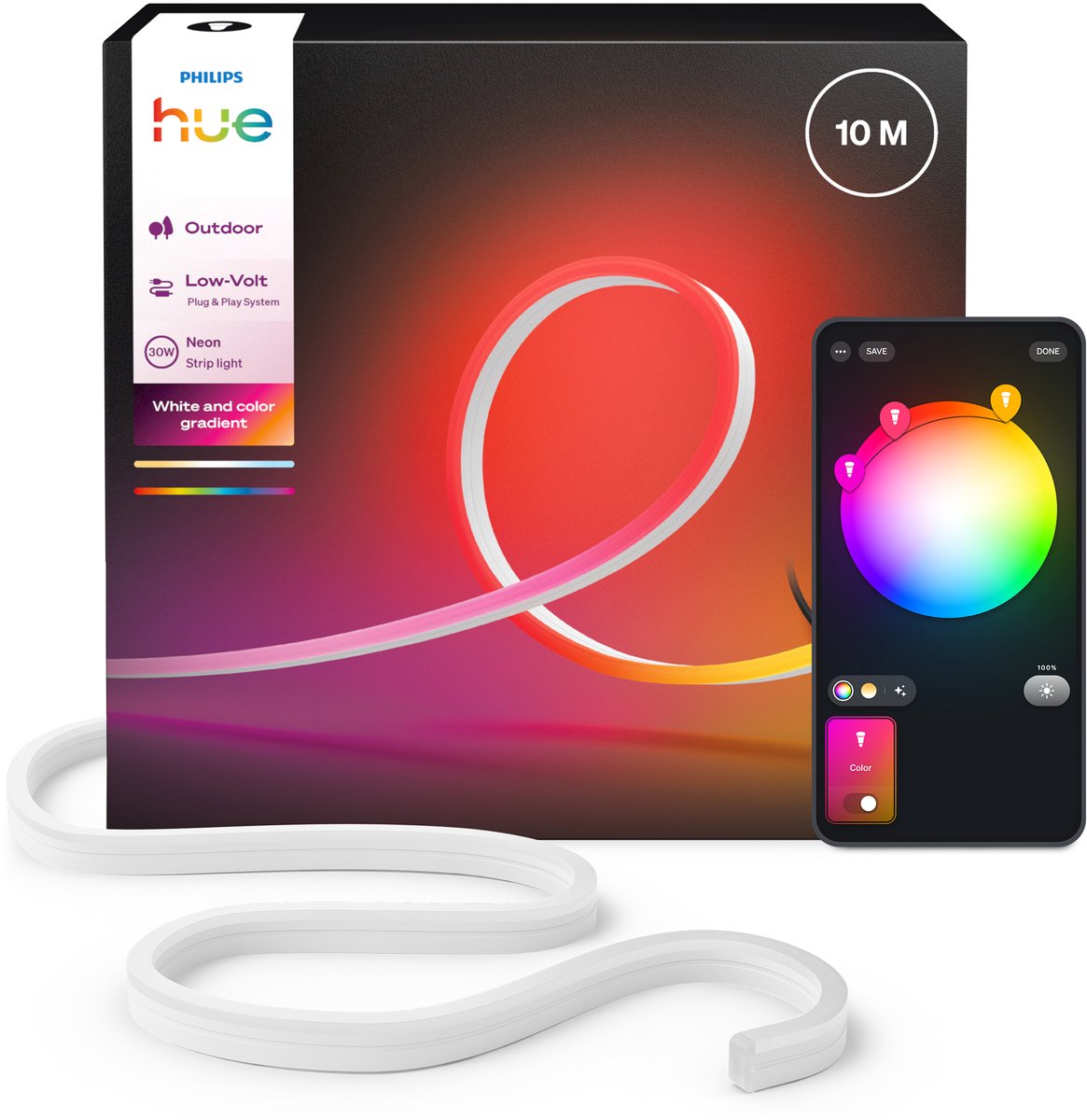 Philips hue neon led strip voor buiten 10 m, nauwkeurige kleurovergangen van chromasync™ helder, echt wit licht 1100 lumen