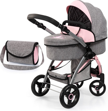 Bayer design city max poppenwagen met tas, in hoogte verstelbaar, zwenkbare voorwielen, kan worden omgebouwd tot een jogger, geïntegreerde mand, jeans-grijs, roze