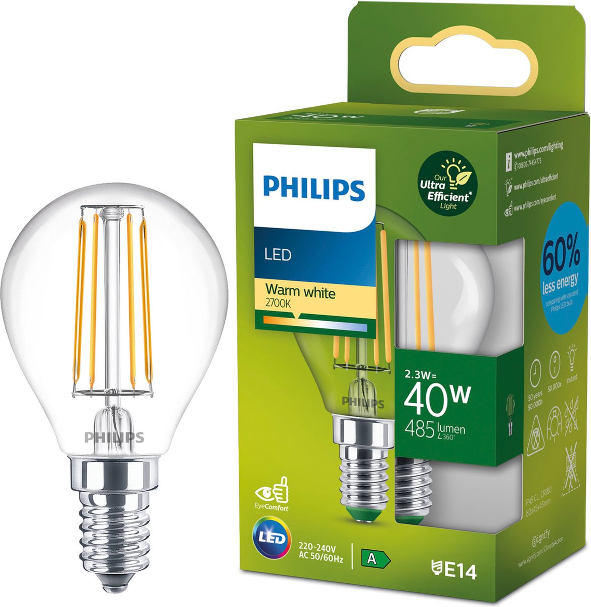 Philips led philips ultra efficient led kogellamp transparant - 40 w - e14 - warmwit licht - energielabel a