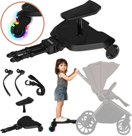 Lionelo buggy board meerijdplankje - kinderwagen-opstapje - zit- en sta-optie - universeel - led-wielen - verstelbaar zitje - antislip platform - tot 25 kg - 2-5 jaar - eenvoudige montage