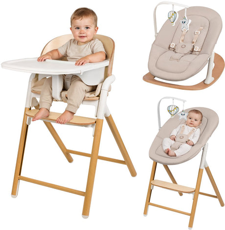 Lionelo celia set – 4-in-1 wipstoel houten kinderstoel – babyset 5-puntsgordel – verstelbare zithoogte voetsteun – voor baby, peuter volwassene – premium beukenhout – inclusief speelboog en blad
