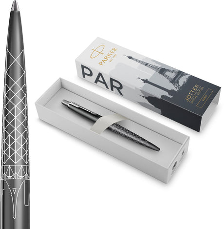Parker jotter balpen | special edition | paris grey met verchroomd detail | medium penpunt | blauwe inkt | geschenkverpakking