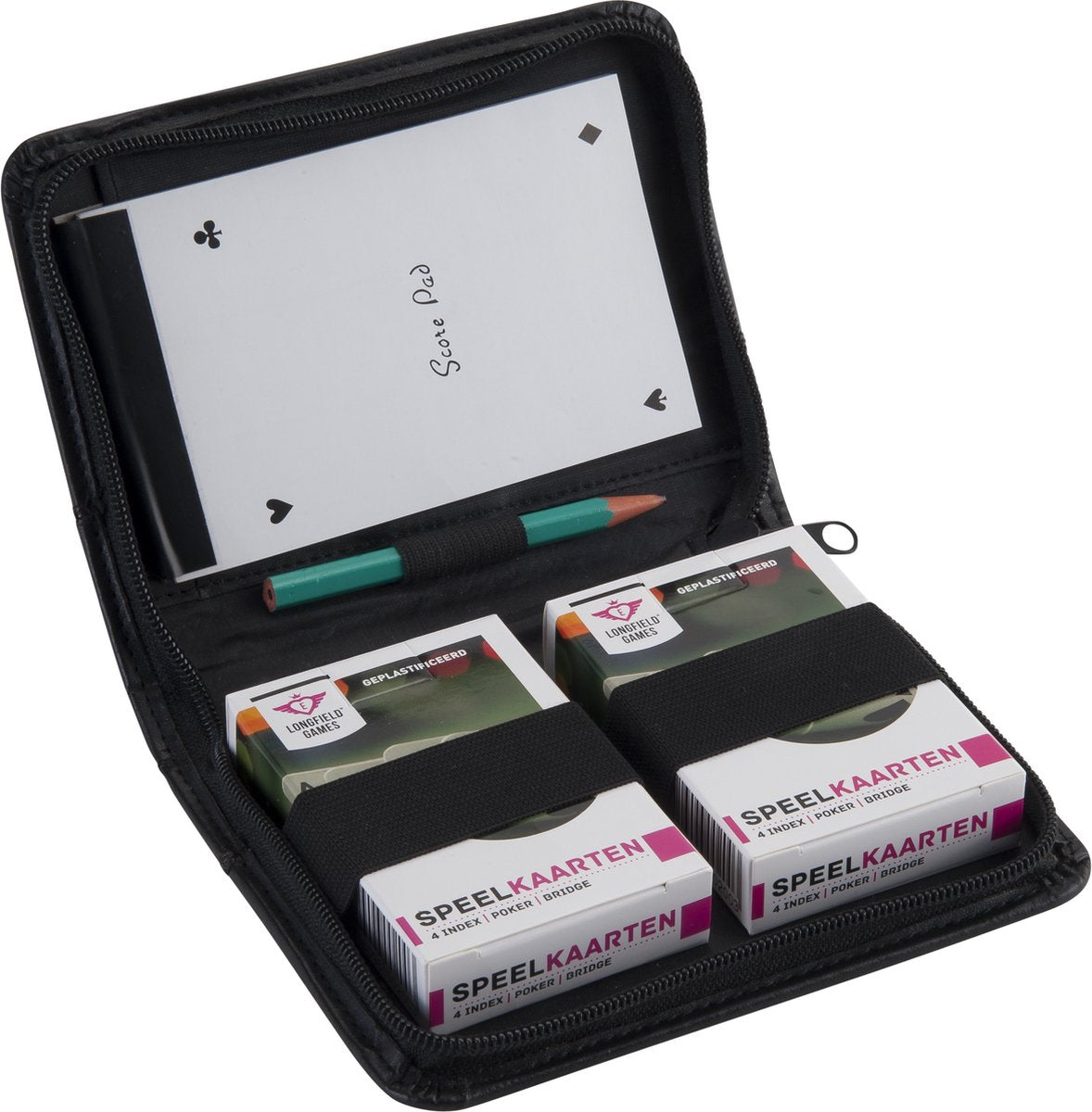 Engelhart luxe etui - pu - 2 sets speelkaarten - notitieboekje en potlood - met rits -