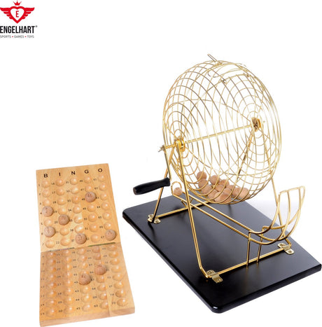 Longfield bingomolen compleet – met houten controlebord 75 houten ballen – metalen korf ø 30 cm – complete bingo set voor thuis spelavonden – engelhart