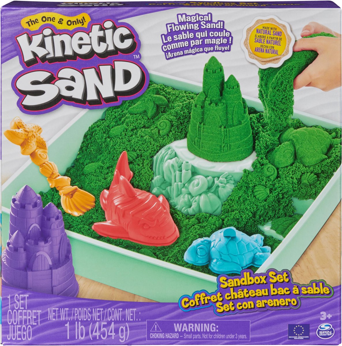 Kinetic sand - zandbak-set met 454 g groen origineel opbergzandbak 4 vormen en gereedschap - sensorisch speelgoed
