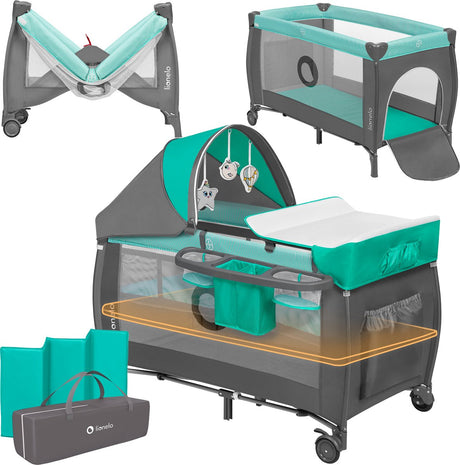 Lionelo sven plus 2in1 meegroeibed campingbedje - 127x60 cm – co-sleeper reisbed – tot 15 kg – inclusief commode, organizer, klamboe interactief speelgoed – lockguard systeem – 2 hoogtes verstelbaar – snel inklapbaar draagtas