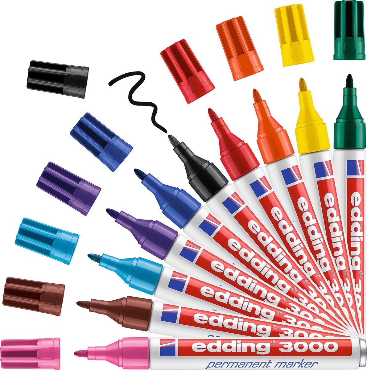 Edding 3000 permanent marker - 10 kleuren - 10 stiften - ronde punt 1,5-3 mm - water en wrijfvast - voor karton, kunststof, hout, metaal, etc. - alcohol markers voor volwassenen