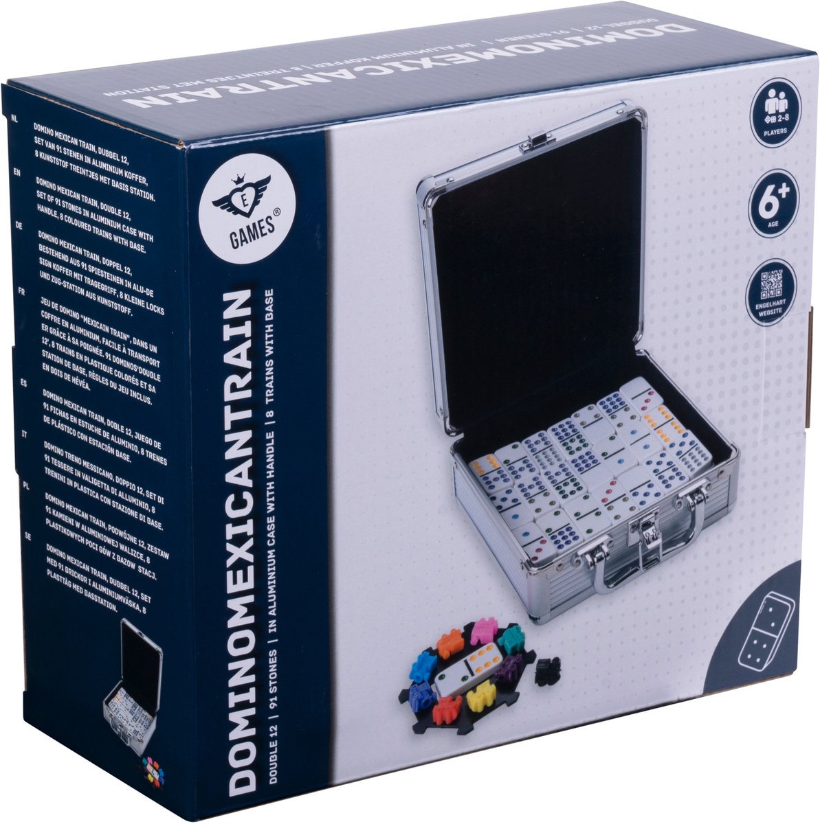 Engelhart domino dubbel 12 mexican train – 91 stenen met gekleurde ogen – luxe aluminium koffer met handvat – inclusief station treinen – strategisch familiespel –